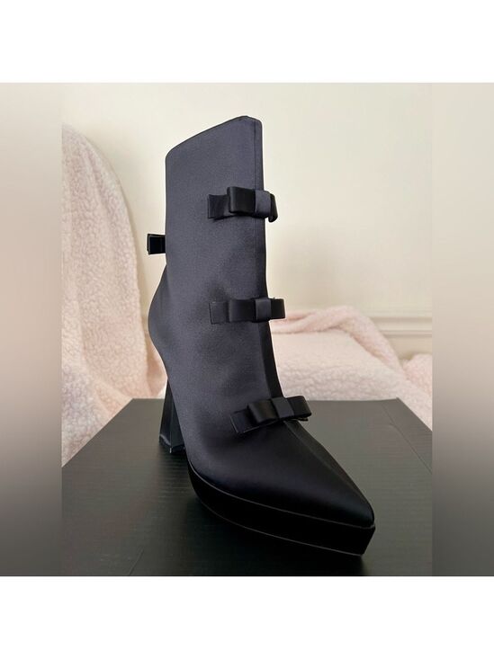 Dolls Kill Shoes - NIB Dolls Kill Widow Mourning Belle Heeled Booties Black Pointed Tow Bow Satin